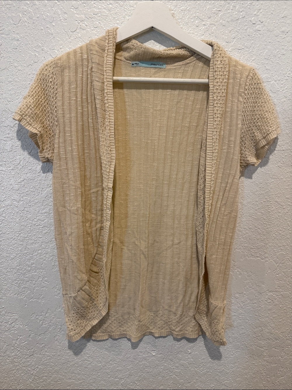 Maurices Cream Short Sleeve Open-Front Knit Cardigan